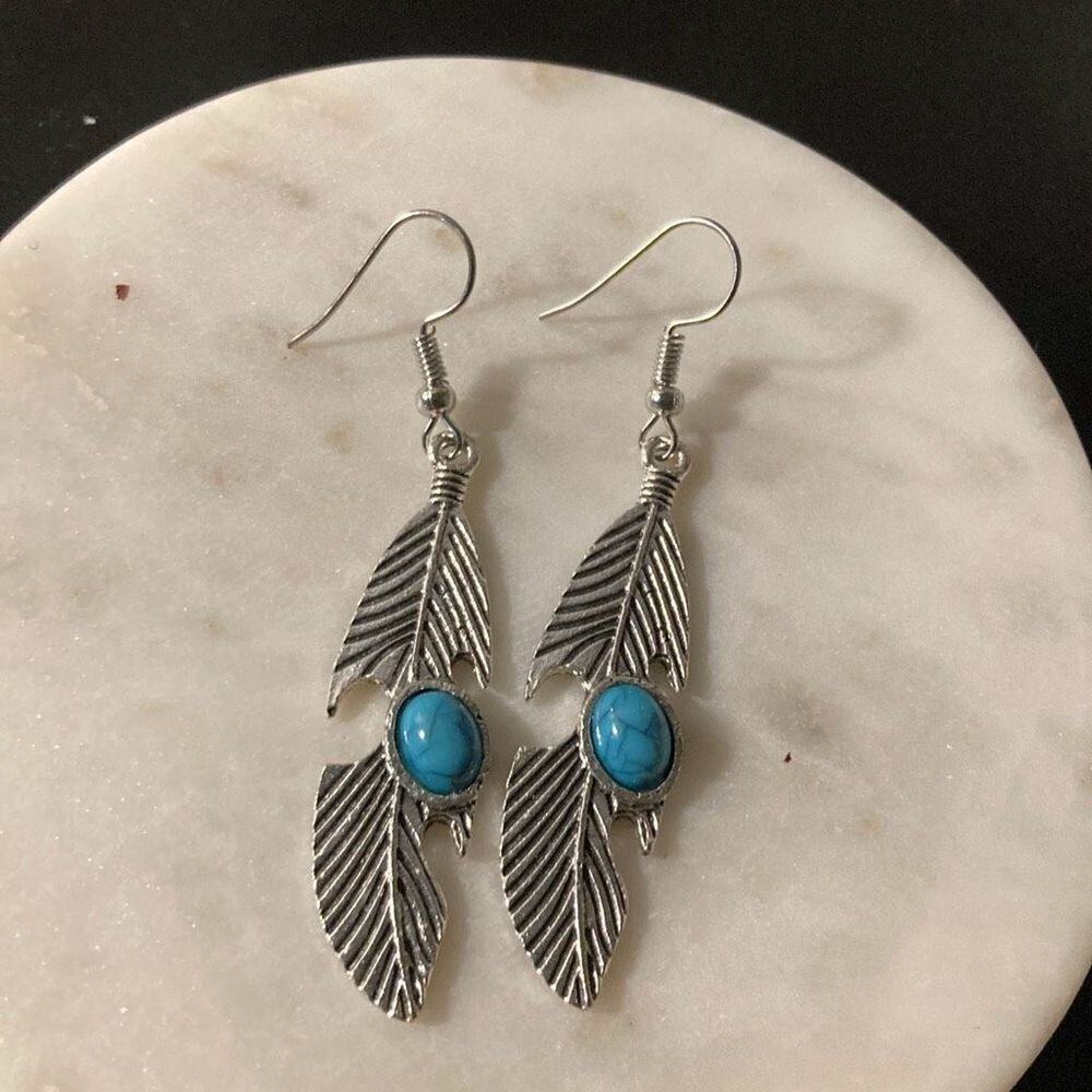 Drop dangle hoop Earrings silver turquoise,  feather native American style
